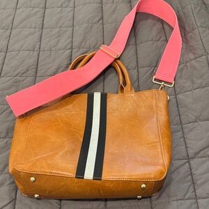 Social Threads Tan Leather Tote with Pink Adjustable Strap